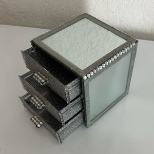 3 drawer small mirrored trinket box w/ silver glitter (handcrafted)